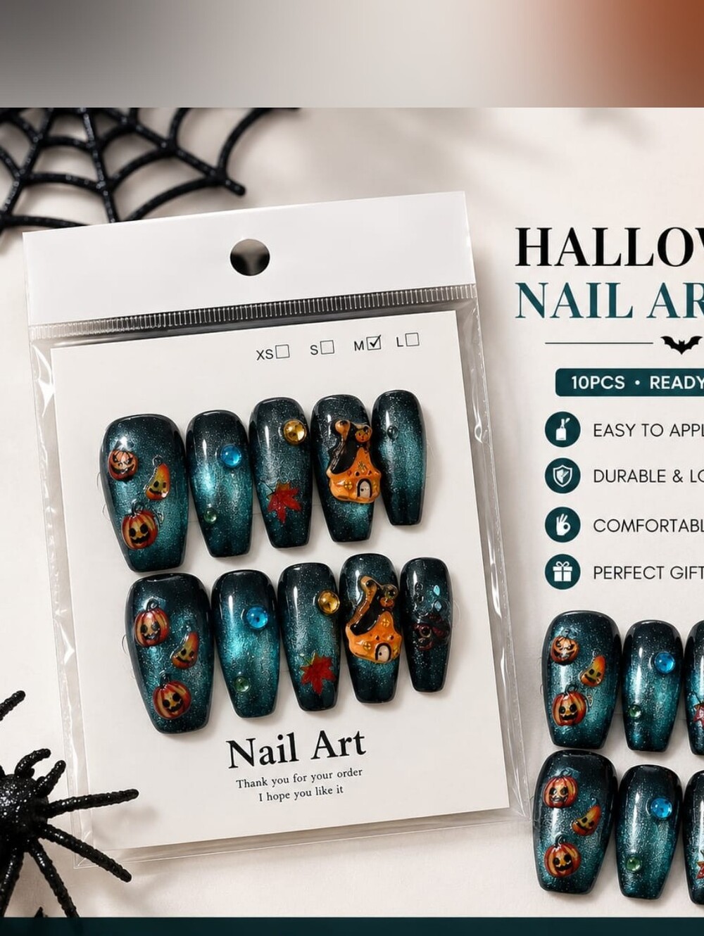 Halloween Themed Press-On Nail Set in Dark Teal with Orange Accents